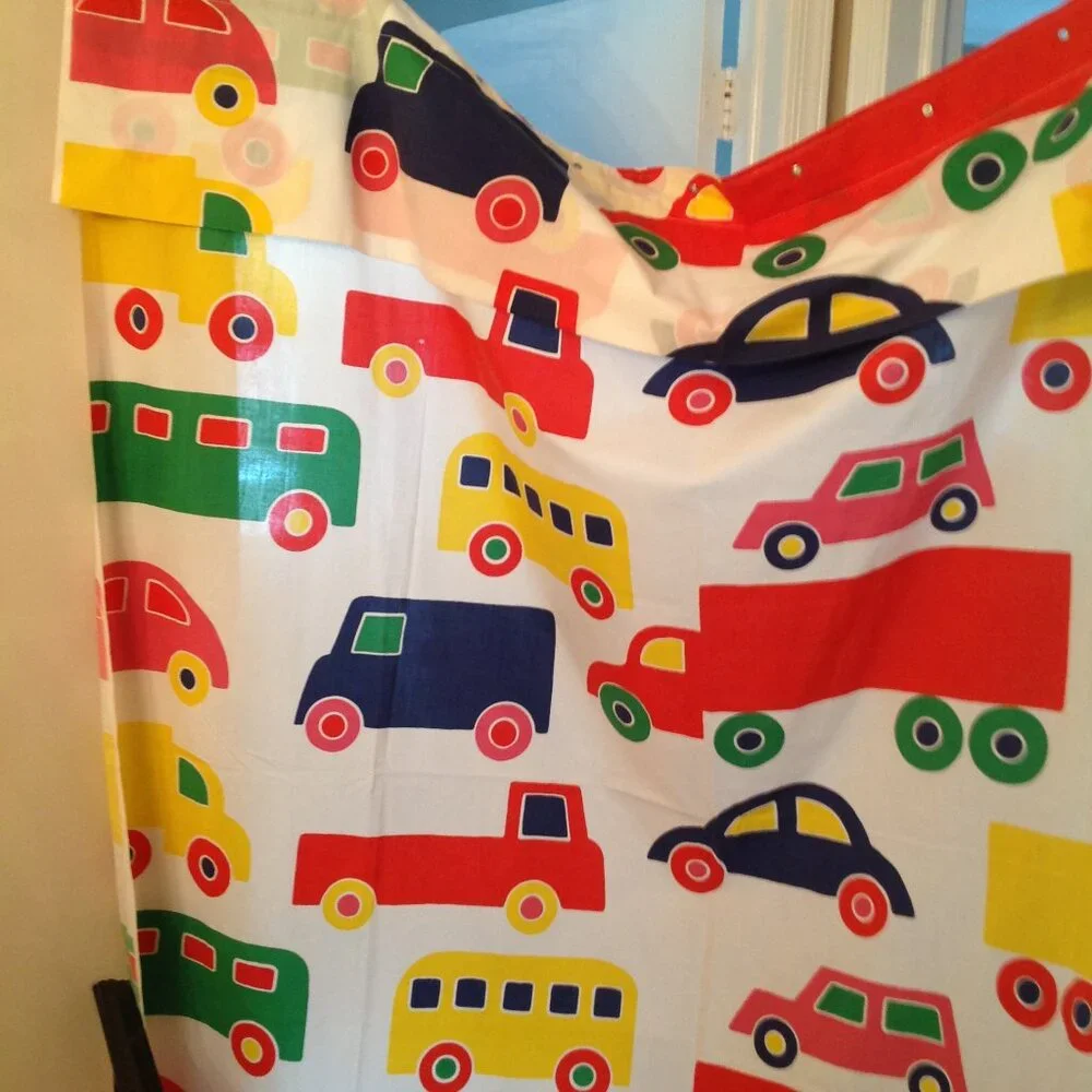 Vintage 70's Marimekko Dan River Bo Boo Cars Trucks Fabric Shower Curtain